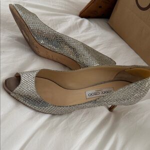Jimmy Choo Sparkling Silver Peep-Toe Heels